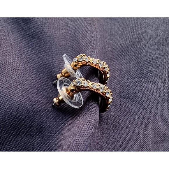 Vintage SWAROVSKI Signed Gold Tone Crystal Tiny Half Hoop Earrings - Picture 5 of 5